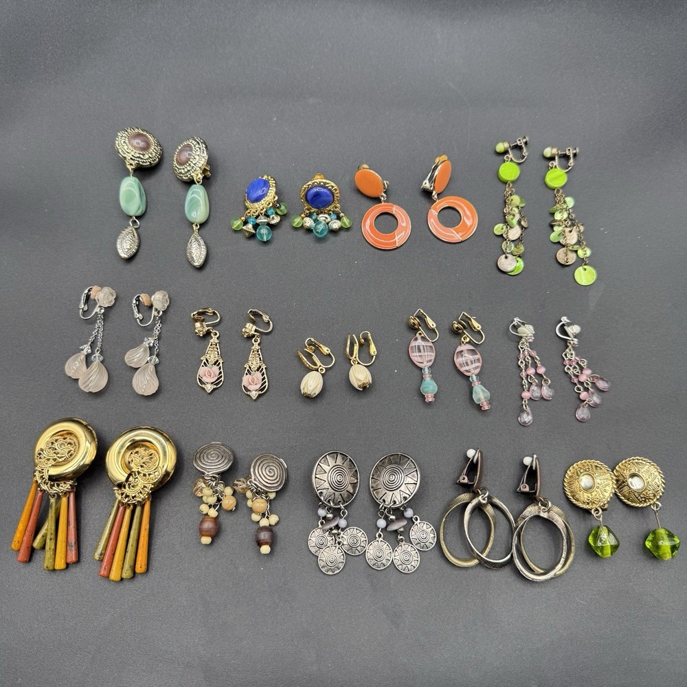 Lot 14 Vintage Clip On Earrings Dangle Hoop Stone Aztec Crystal Costume Jewelry